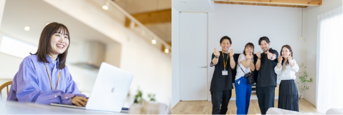 パソコンで作業しながら笑いかけている女性社員・指ハートをしている男女4人の社員