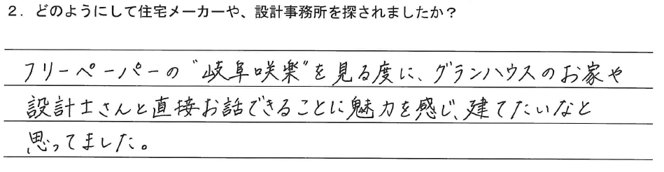 フリーペーパーの“岐阜咲楽”を見る度に、グランハウスのお家や設計士さんと直接お話できることに魅力を感じ、建てたいなと思っていました。